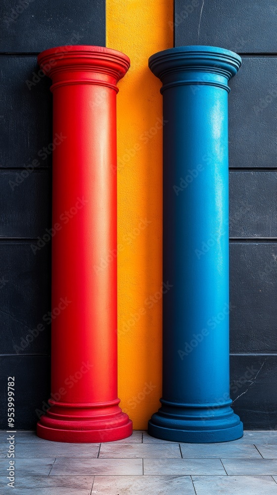 Two red and blue pillars stand next to each other Two red and blue pillars stand next to each other