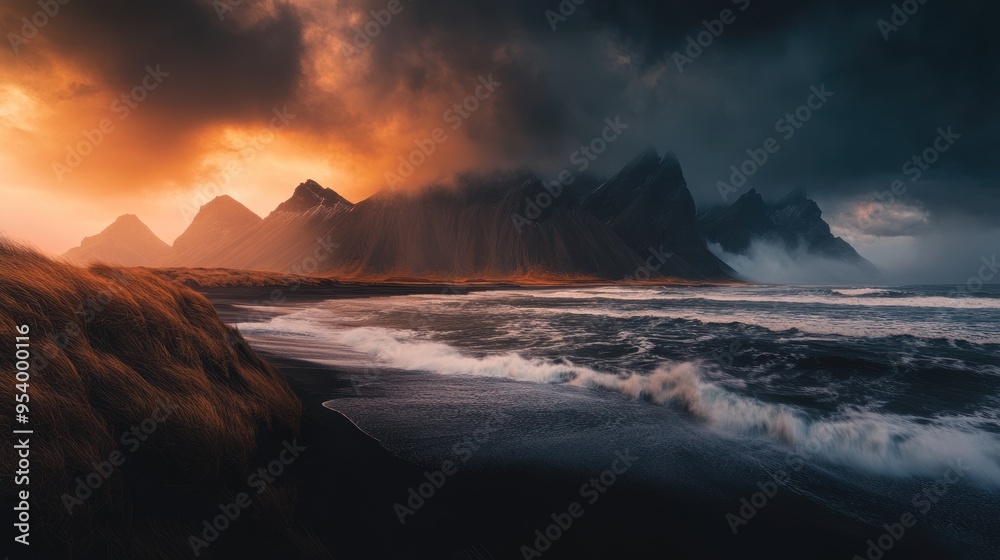 Dramatic Sunset over Mountainous Coastline Dramatic Sunset over Mountainous Coastline