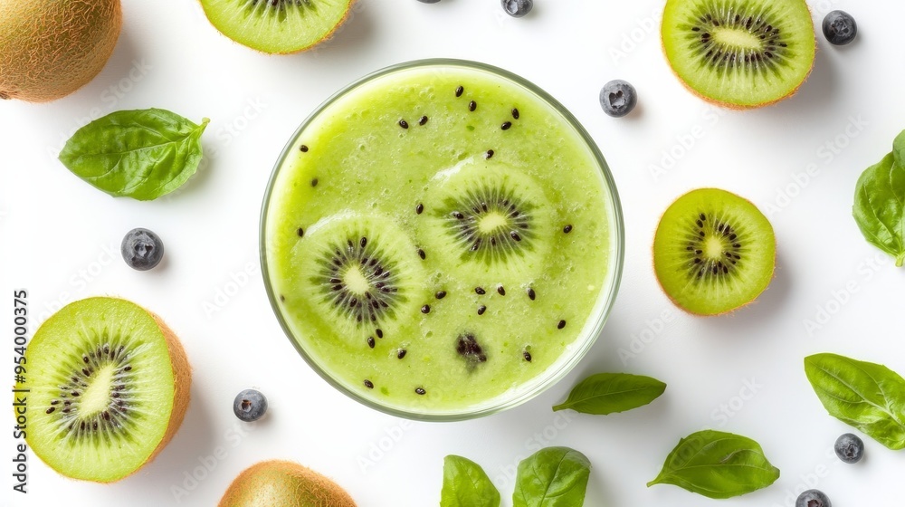 Fototapeta premium Kiwi Smoothie with Blueberries and Basil.