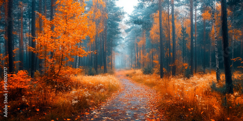 A sunlit path through an autumn forest with orange leaves, casting warm light. Perfect for concepts of nature, autumn, and outdoor beauty. Ideal for travel, tourism, and seasonal promotions.