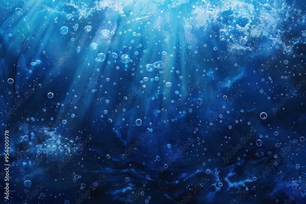 A deep blue ocean, with bubbles rising from the bottom and sunlight shining A deep blue ocean, with bubbles rising from the bottom and sunlight shining