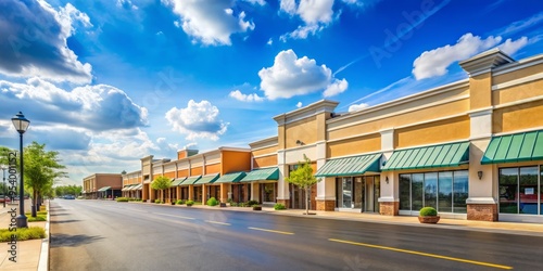 A sun-drenched suburban strip mall features a row of modest storefronts, bold signage, and a vast asphalt parking