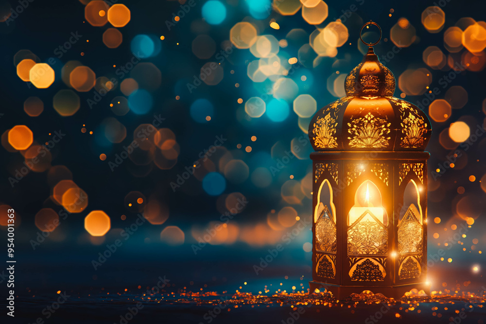 Ornamental Arabic lantern with burning candle glowing at night and glittering golden bokeh lights. Festive greeting card, invitation for Muslim holy month Ramadan Kareem. Dark background Ornamental Arabic lantern with burning candle glowing at night and glittering golden bokeh lights. Festive greeting card, invitation for Muslim holy month Ramadan Kareem. Dark background
