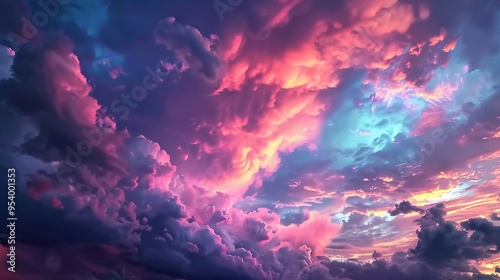 A colorful sunset with dramatic clouds in the evening, capturing the moody transition from day to night with deep pink, purple, and blue hues painting the sky photo