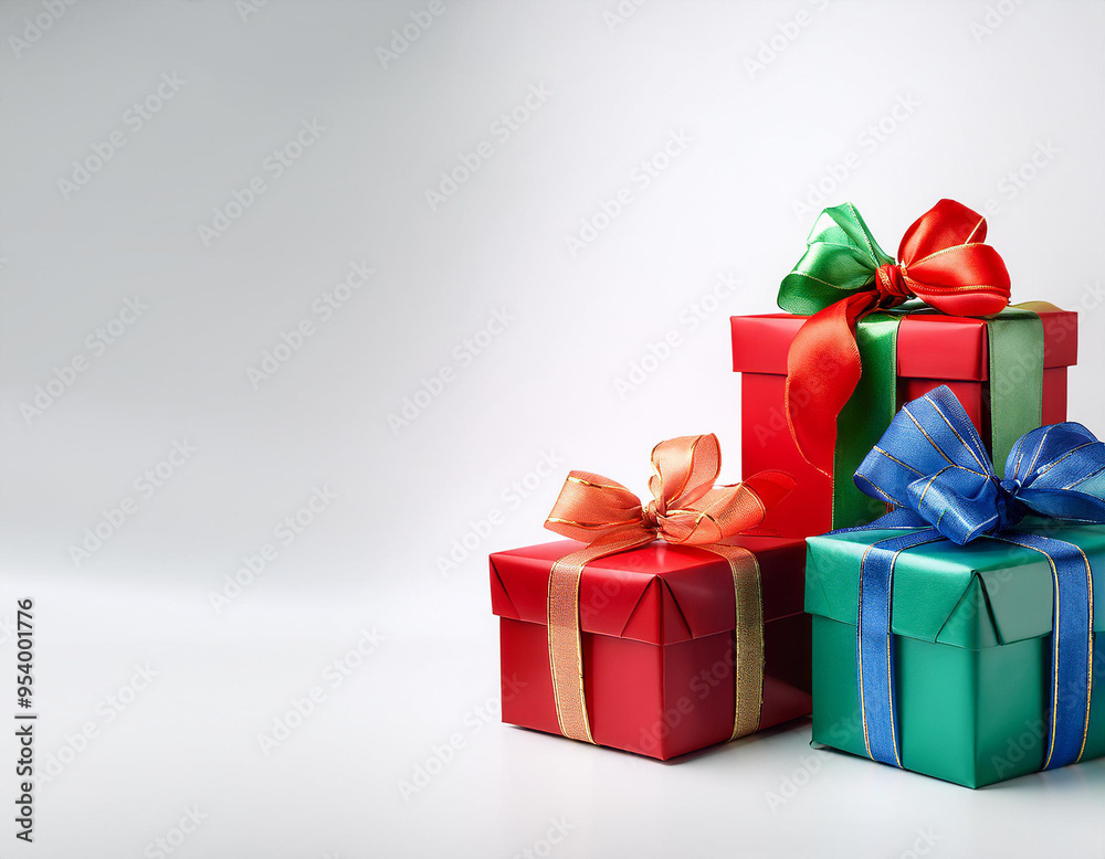 Three christmas gift boxes wrapped in colorful paper and tied with shiny ribbons Three christmas gift boxes wrapped in colorful paper and tied with shiny ribbons
