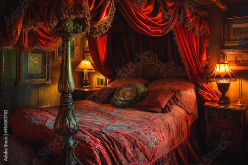 Ornate bed with red canopy and sheets in a cozy, dimly lit room with antique charm
