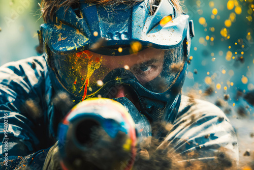 paintball player under gunfire, paint splashing over him. photo