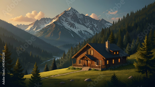 Vector graphic of a peaceful mountain retreat with calm landscapes and trees.