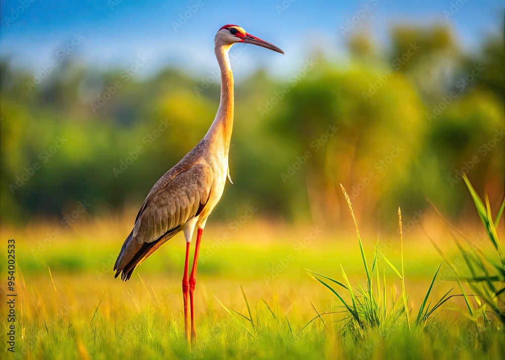 Fototapeta premium A Tall, Graceful Bird With Long Legs And A Long, Slender Neck Stands In A Grassy Field With A Blurred Background.