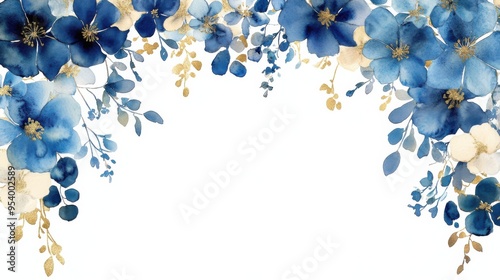 Elegant Watercolor Floral Designs Featuring Blue and Gold Lilies on a White Background, Perfect for Greeting Cards, Wedding Invitations, Posters, and Banners with Space for Custom Text