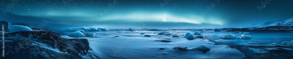 Fototapeta premium Stunning view of the northern lights over an icy landscape