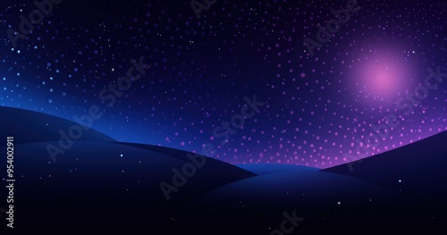 A serene digital landscape featuring rolling hills under a starry night sky with a glowing celestial body.