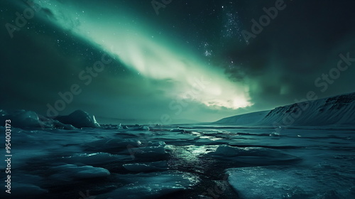 Stunning view of the northern lights over an icy landscape 