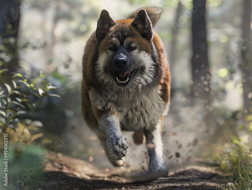  A striking Akita Shepherd in an action pose, running through a wooded trail, emphasizing its agility and the blend of Akita and shepherd traits, cinematic style, Compositing Core, 8k, detailed,