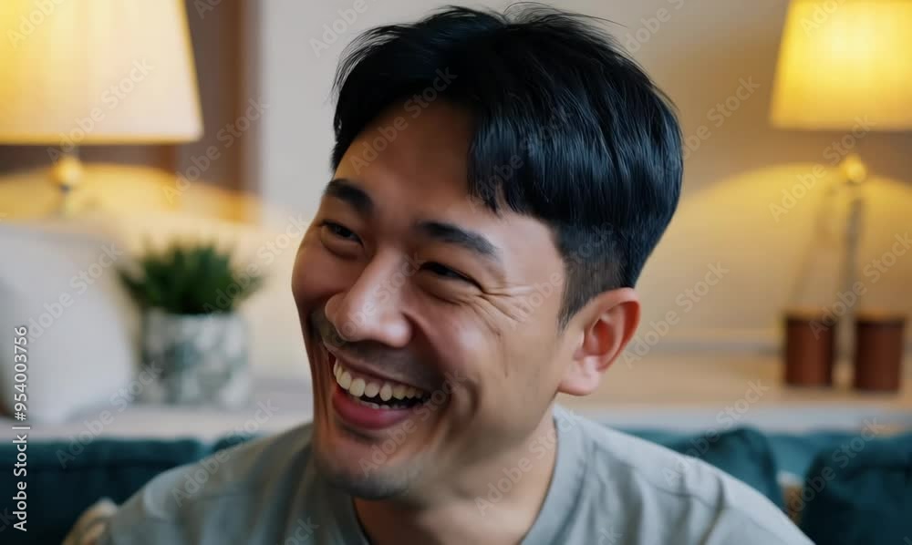 South Korean Man Watching TV in Cozy Living Room