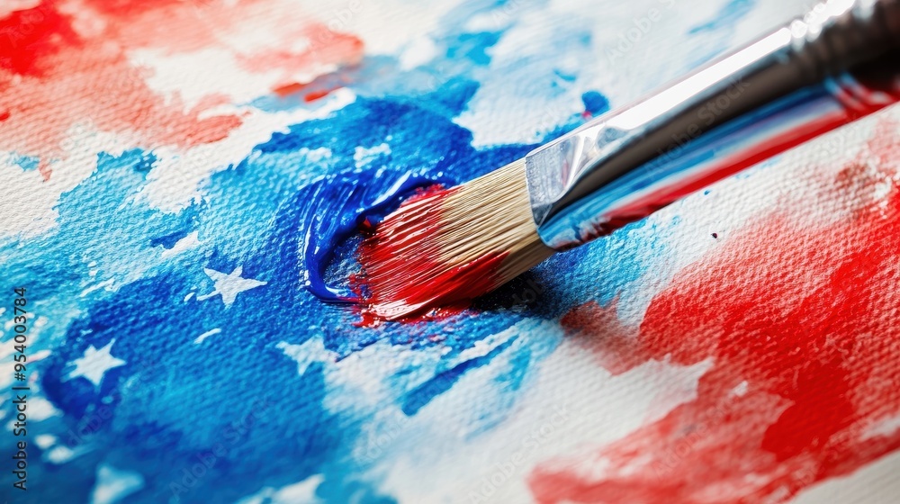 Fototapeta premium Patriotic Art Creation: Close-up of Paintbrush Painting American Flag with Red and Blue Watercolors on Canvas with Vivid Textures
