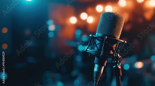 microphone inside recording studio with blurred background