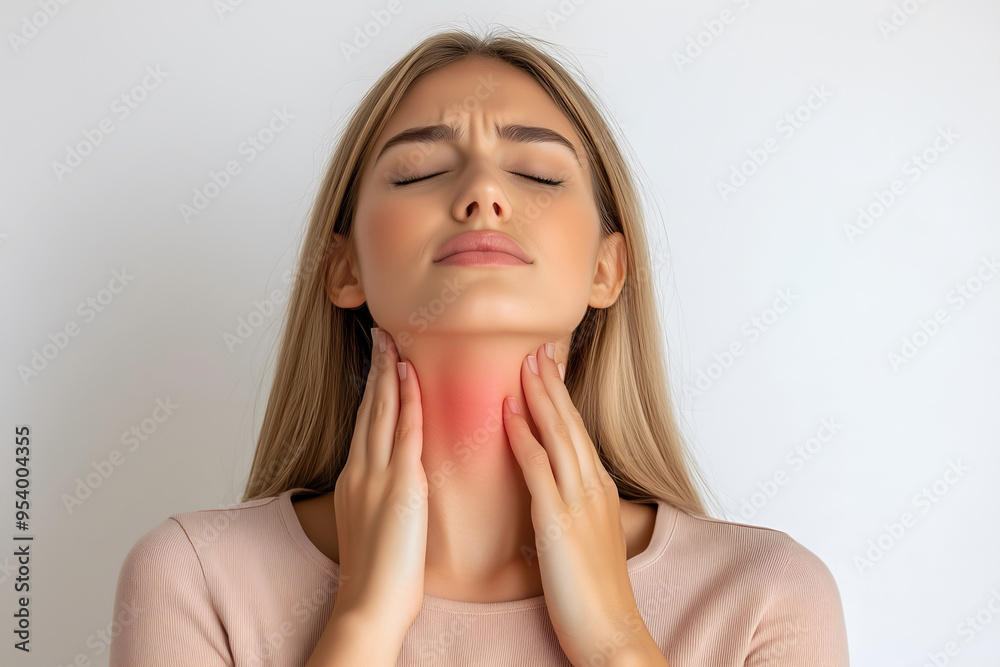 European woman with neck pain. Concept of sore throat, pharyngitis, laryngitis, thyroiditis, choking European woman with neck pain. Concept of sore throat, pharyngitis, laryngitis, thyroiditis, choking