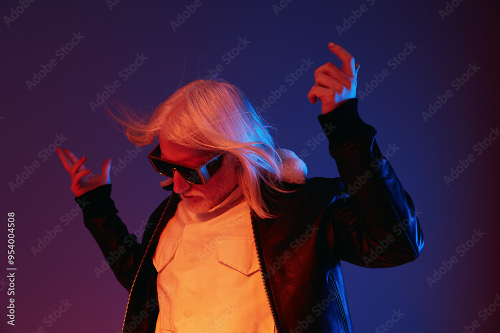Stylish elderly man with long white hair wearing sunglasses, posing against a colorful purple and blue background, exuding a modern, confident vibe Stylish elderly man with long white hair wearing sunglasses, posing against a colorful purple and blue background, exuding a modern, confident vibe