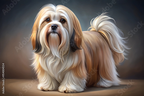 Illustration of Digital Painting of Lhasa Apso standing, full body photo