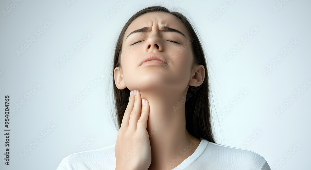 European woman with neck pain. Concept of sore throat, pharyngitis, laryngitis, thyroiditis, choking European woman with neck pain. Concept of sore throat, pharyngitis, laryngitis, thyroiditis, choking