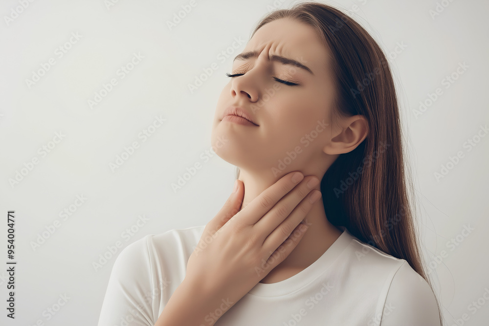 European woman with neck pain. Concept of sore throat, pharyngitis, laryngitis, thyroiditis, choking European woman with neck pain. Concept of sore throat, pharyngitis, laryngitis, thyroiditis, choking