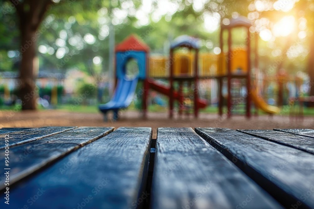 Wooden table in front of blurry playground. Perfect for showcasing products or creating a fun, playful mood. Wooden table in front of blurry playground. Perfect for showcasing products or creating a fun, playful mood.