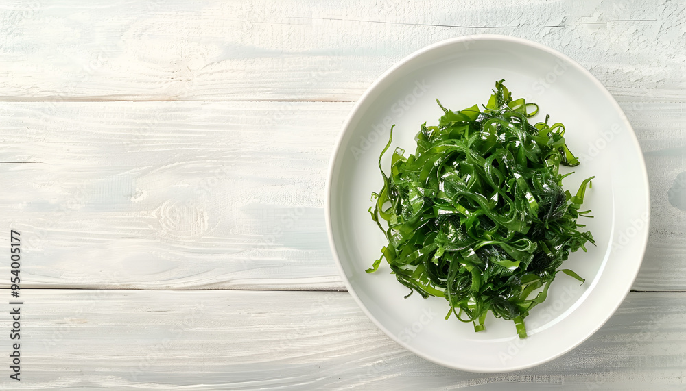 Fresh seaweed salad in plate on light wooden table, copy space for text Fresh seaweed salad in plate on light wooden table, copy space for text