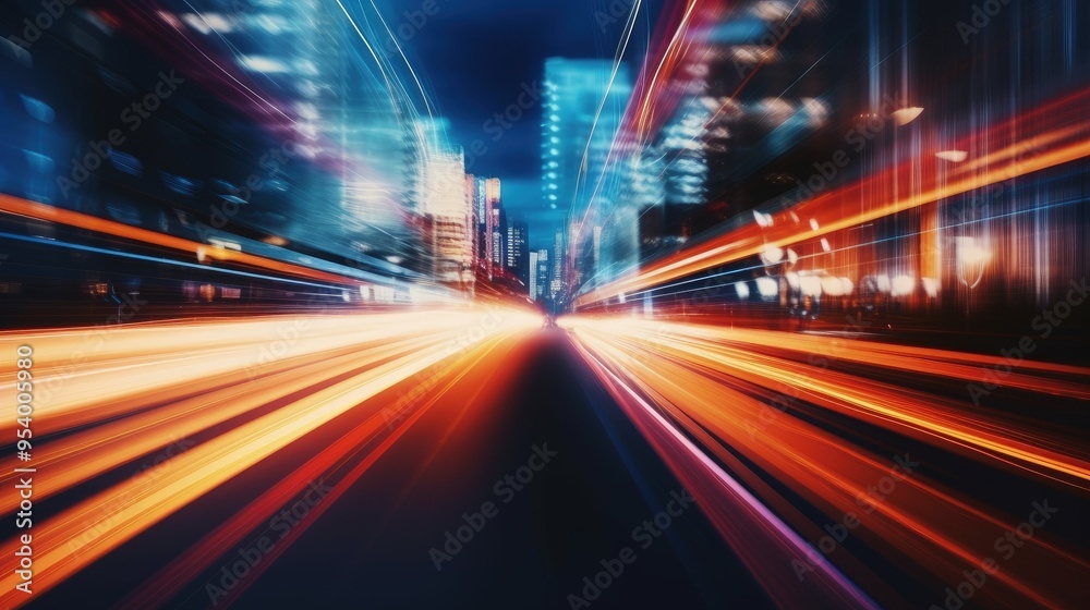 A dynamic cityscape at night, showcasing vibrant light trails from vehicles, emphasizing speed and urban energy.