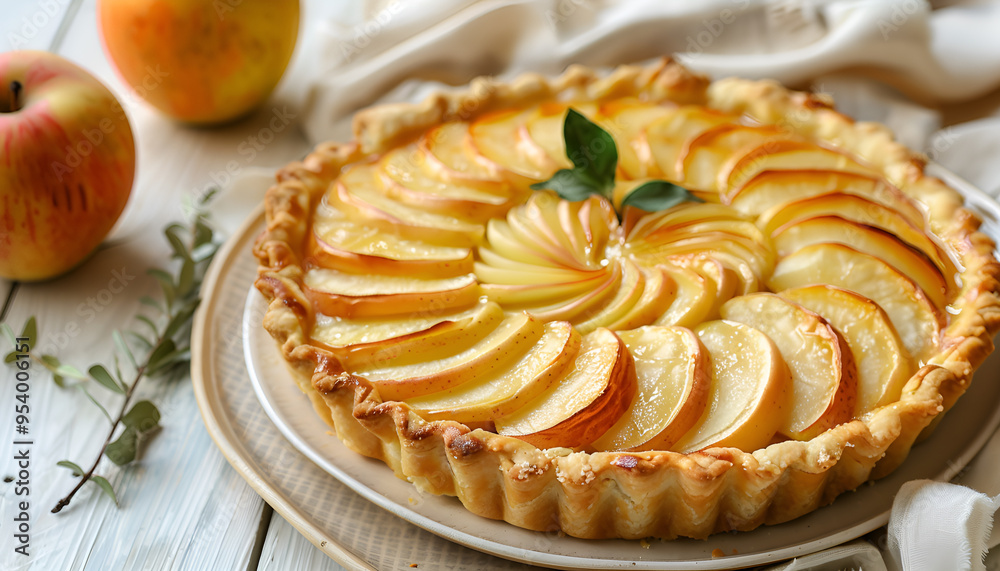 Tarte aux pommes on plate on light wooden table, copy space for text Tarte aux pommes on plate on light wooden table, copy space for text