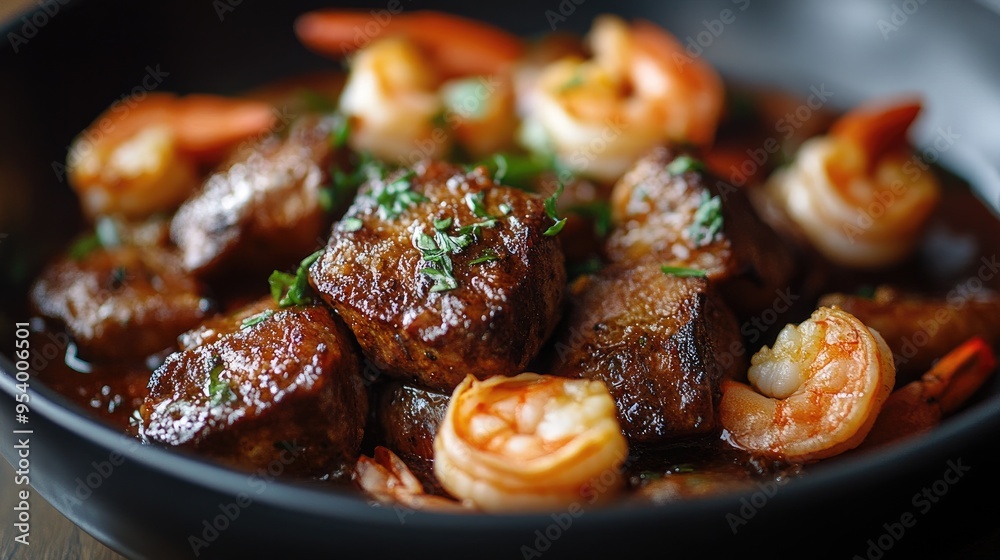 Close-up of a delicious dish with shrimp and steak. This image is perfect for food blogs, restaurant menus, or any project that needs to showcase a flavorful meal. Close-up of a delicious dish with shrimp and steak. This image is perfect for food blogs, restaurant menus, or any project that needs to showcase a flavorful meal.