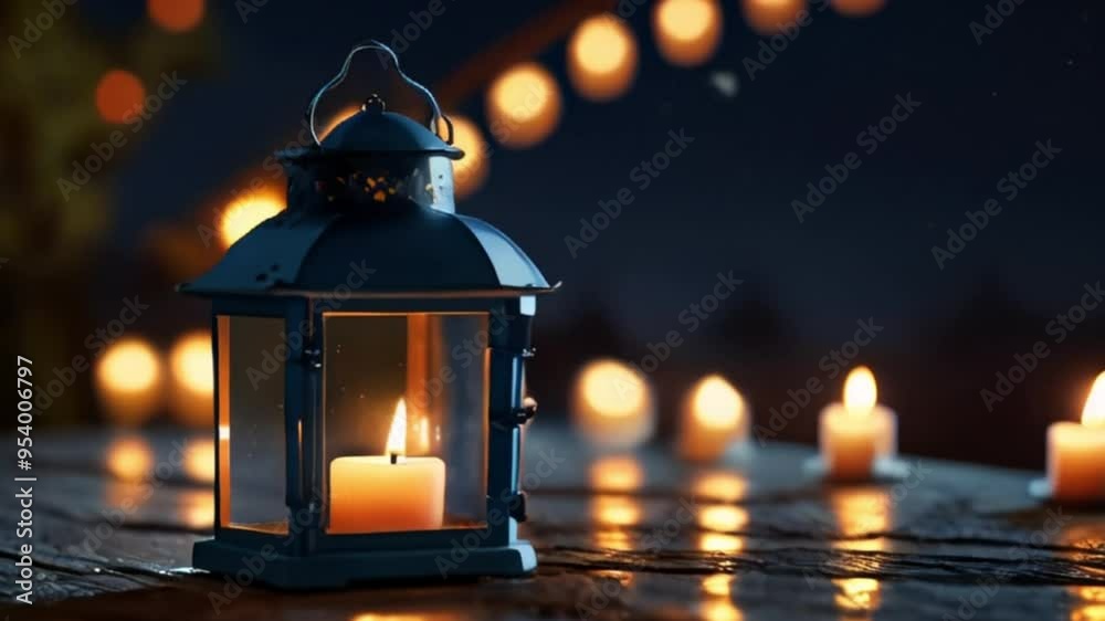 Blue Lantern with Candle and String Lights on Wooden Table at Night Blue Lantern with Candle and String Lights on Wooden Table at Night
