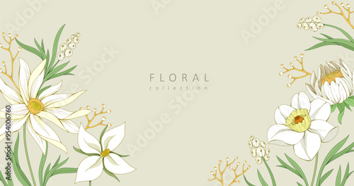 Retro colorful floral art with detailed various flowers and foliage, intricate details and delicate forms. Elegant botanical background or invitation card. Hand drawn vector illustration