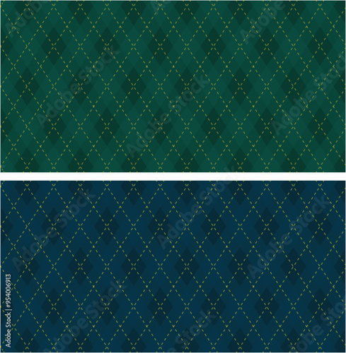 Argyle Vector Men Clothing Pattern. Dark green and Dark Blue with thin slim dotted line. Seamless vivid geometric background for fabric, textile, wrapping paper. Backdrop Little Gentleman party invite
