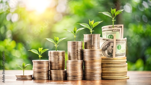 stacks of coins and dollar bills with small plants growing on top, symbolizing financia