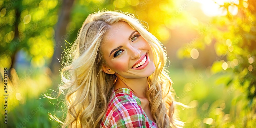 Attractive young woman with blonde hair and sun-kissed skin smiling confidently, showcasing her carefree essence in a bright and colorful summer outdoor setting. Attractive young woman with blonde hair and sun-kissed skin smiling confidently, showcasing her carefree essence in a bright and colorful summer outdoor setting.
