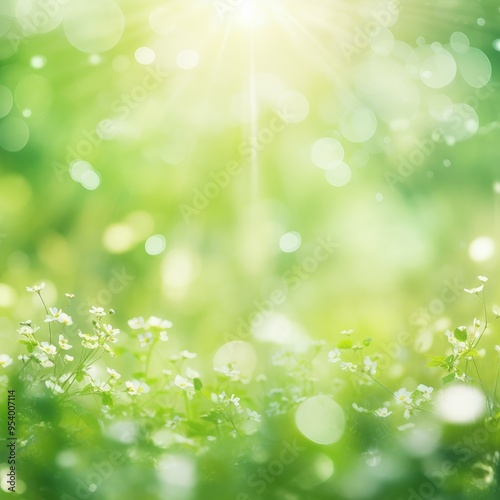 A serene and vibrant landscape filled with green foliage and small white flowers, illuminated by soft sunlight.