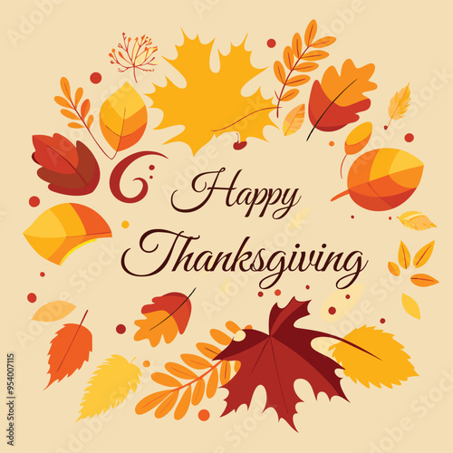 A circle of autumn leaves and the words happy thanksgiving