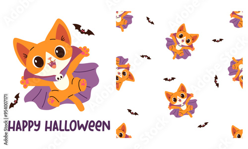 A vector printable set for the Halloween celebration. Cute cat in Dracula costume and bats. Seamless vector pattern . Vector illustration