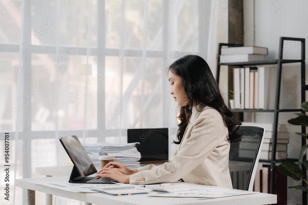 Focused Professional Navigating Digital Workflow in Bright Office Focused Professional Navigating Digital Workflow in Bright Office