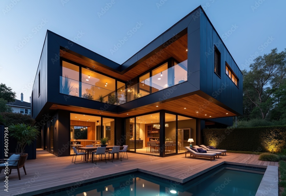 Modern Luxury Home with Pool and Patio at Dusk Modern Luxury Home with Pool and Patio at Dusk
