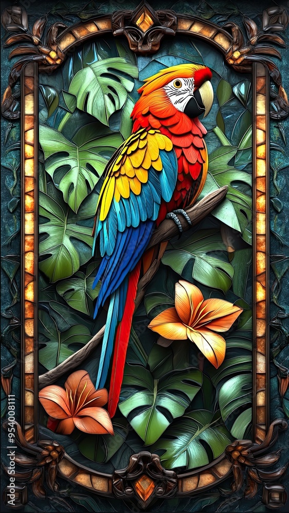 A colorful parrot is perched on a branch in a lush green forest. The vibrant colors of the bird and the surrounding foliage create a sense of life and energy. A colorful parrot is perched on a branch in a lush green forest. The vibrant colors of the bird and the surrounding foliage create a sense of life and energy.