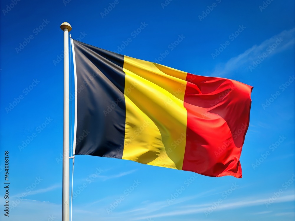 A vertical tricolor flag of Belgium waves gently in the breeze, featuring three equal bands of black, yellow, A vertical tricolor flag of Belgium waves gently in the breeze, featuring three equal bands of black, yellow,