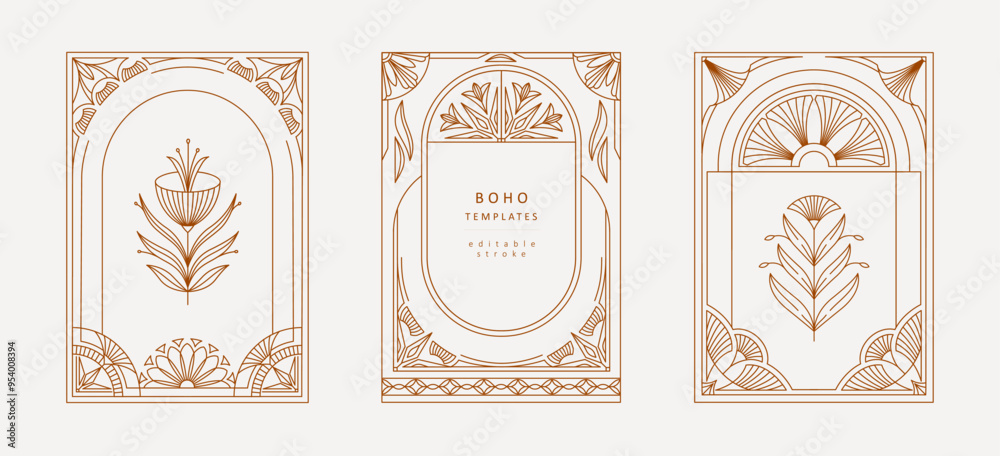 Frame or cover of boho geometric design elements. Simple corner, wreath and seamless borders for book covers print, social media and packaging or wedding greeting card. Vector illustration
