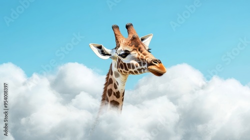 Wallpaper Mural A giraffe peeks above fluffy white clouds under a clear blue sky during a bright sunny day Torontodigital.ca