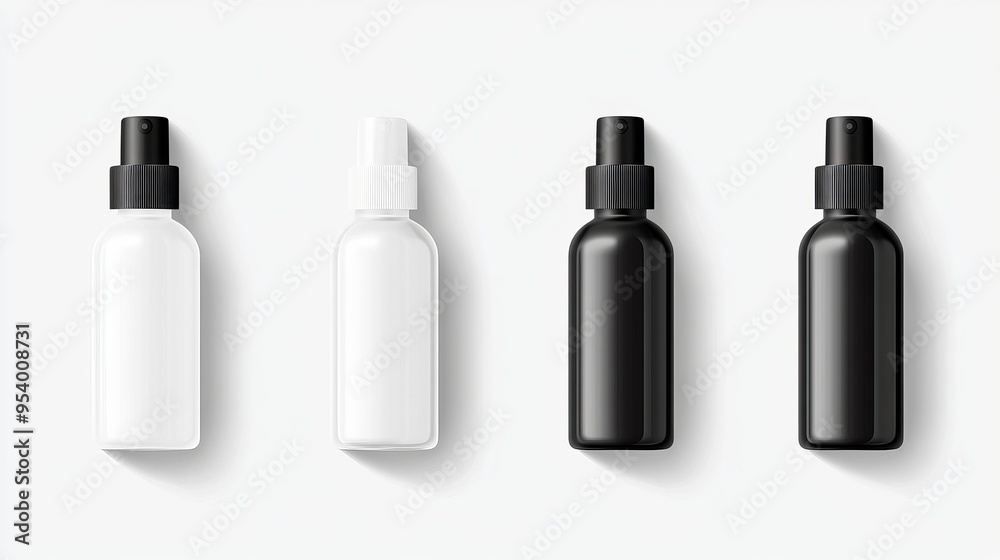 Realistic mockup of spray glass bottles featuring white and black caps. Vector illustration set against a white backdrop, suitable for cosmetic, medical, sanitary, and various other uses Realistic mockup of spray glass bottles featuring white and black caps. Vector illustration set against a white backdrop, suitable for cosmetic, medical, sanitary, and various other uses