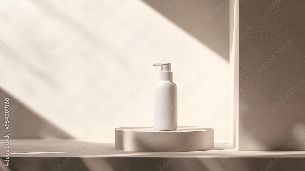 White skincare bottle presented with a minimalist aesthetic, hanging in a space that emphasizes light and shadow White skincare bottle presented with a minimalist aesthetic, hanging in a space that emphasizes light and shadow