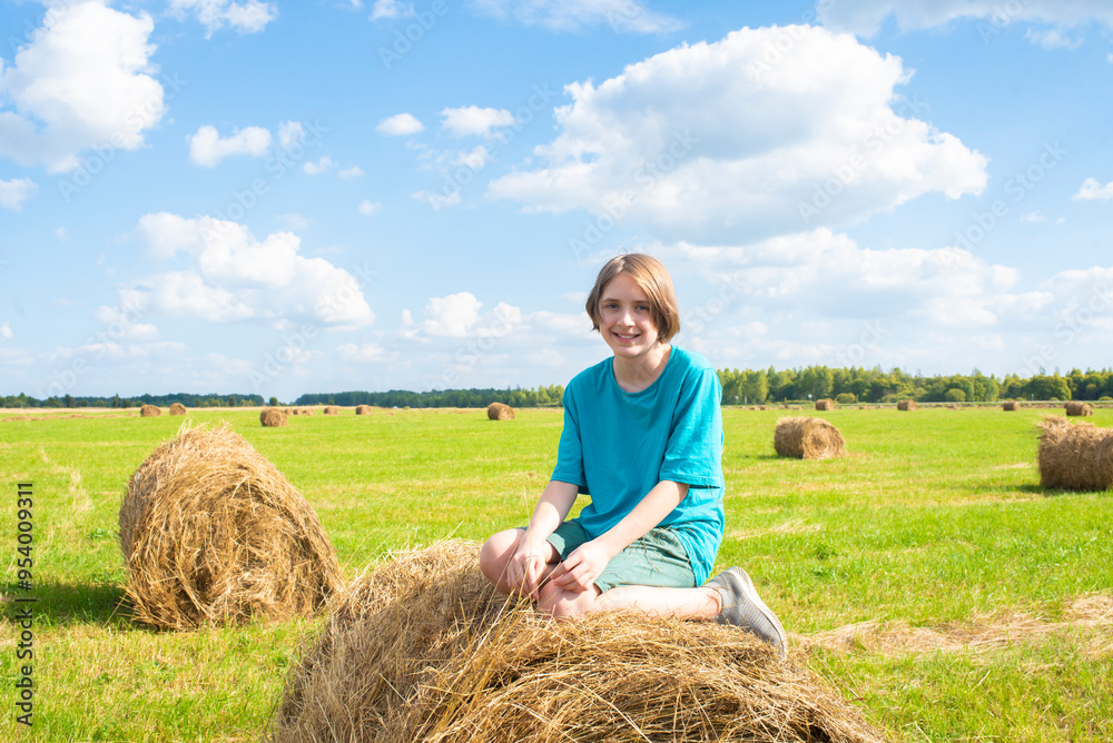 boy sitting on a hay bale in the field with blue sky boy sitting on a hay bale in the field with blue sky