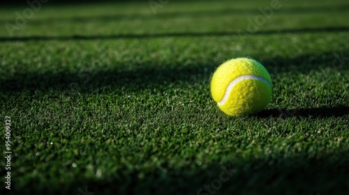 A tennis ball is sitting on a green grass field