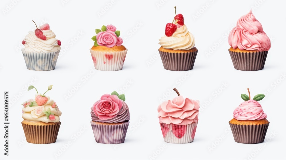 Four cupcakes with pink frosting and hearts on top Four cupcakes with pink frosting and hearts on top